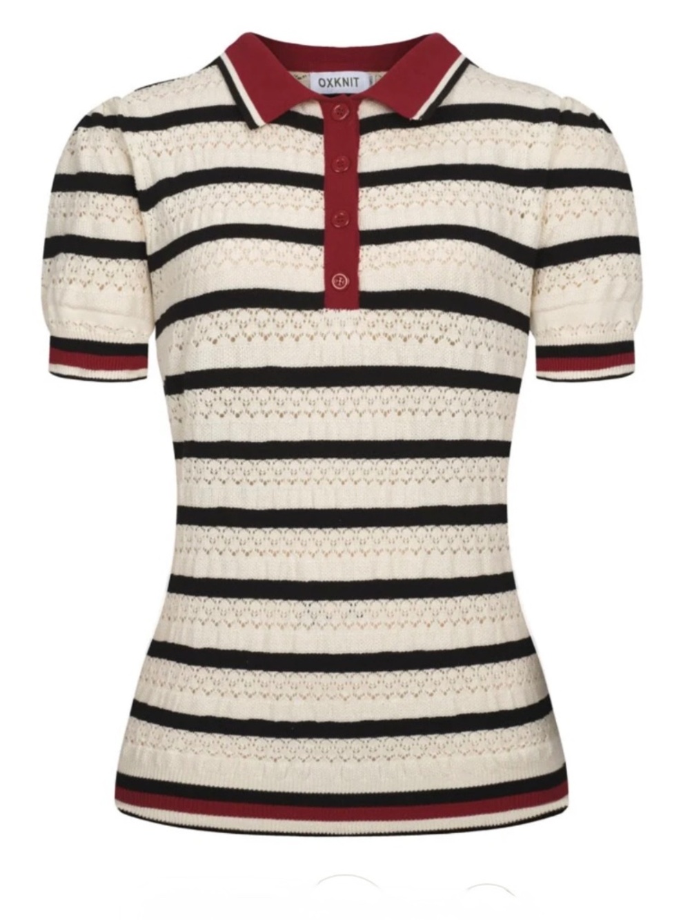 NWOT White Striped Hollow-Out Vintage Knit Polo, XS - Picture 1 of 3